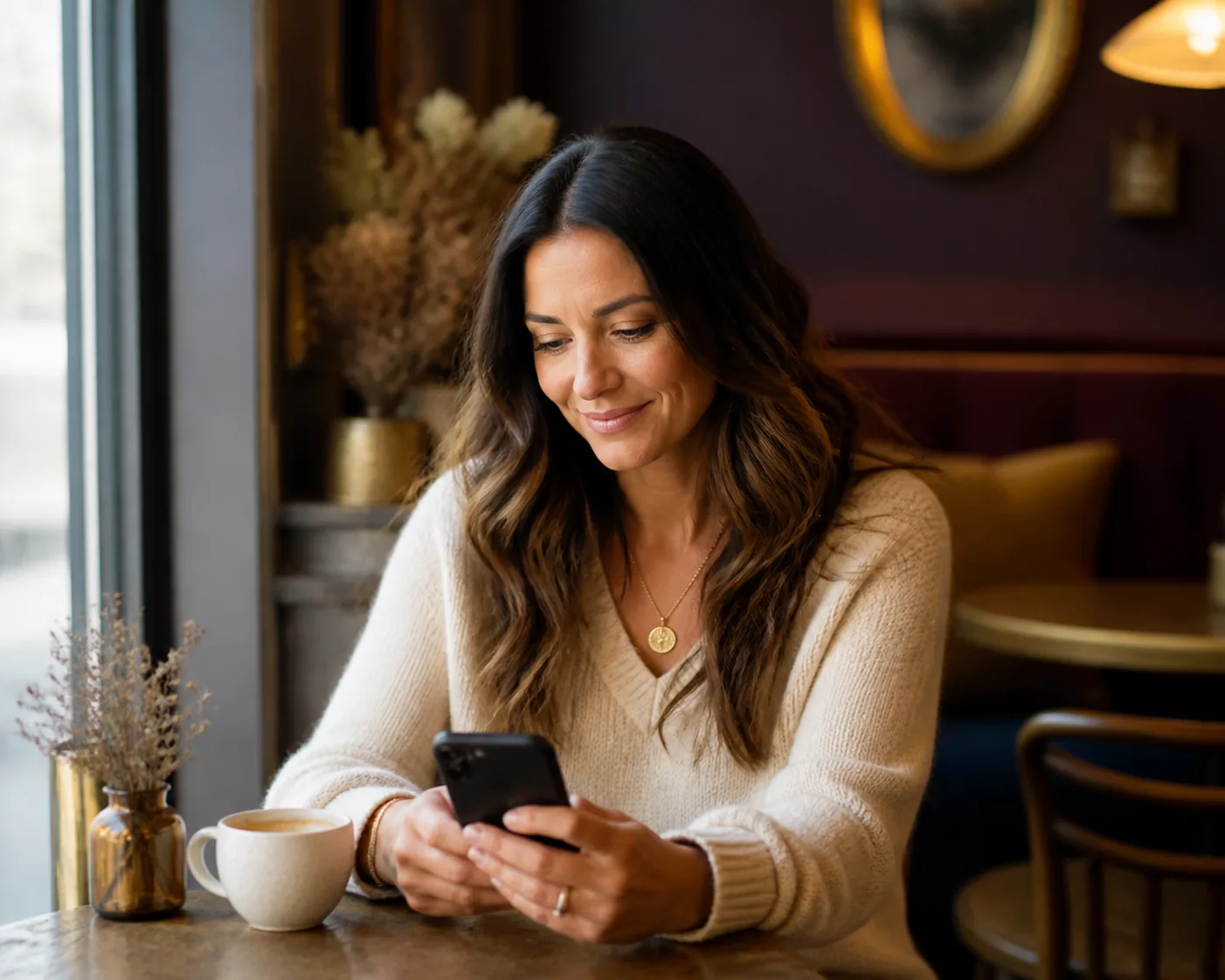 Woman using her phone in a cozy cafe, representing accessible care from Odelle